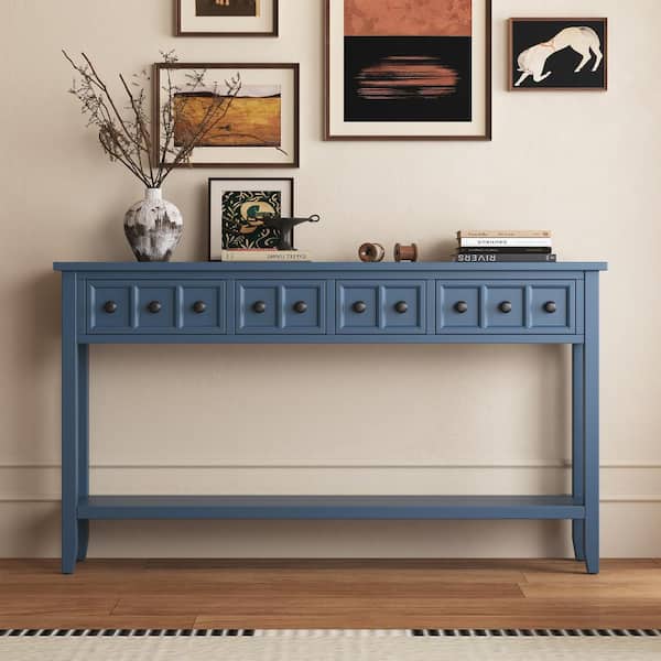 Qualler 60 in. Antique Navy Rectangle Wood Console Table with Different Size Drawers and Bottom Shelf