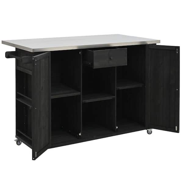 Black Fir Wood Outdoor Bar, Kitchen Island with Ample Storage Space, Towel and Spice Racks and a Bottle Opener