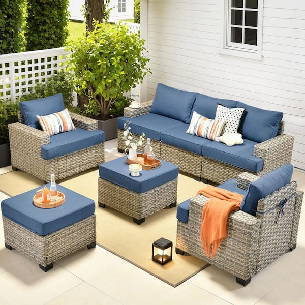 Tiberte Gray 7-Piece Wicker Patio Conversation Seating Set with Denim Blue Cushions