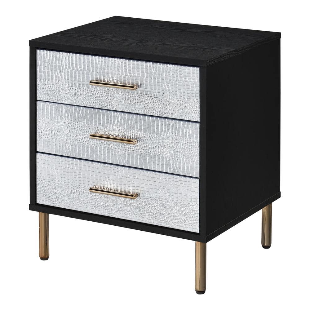 Black, Silver, and Gold 3-Drawer Faux Crocodile Nightstand