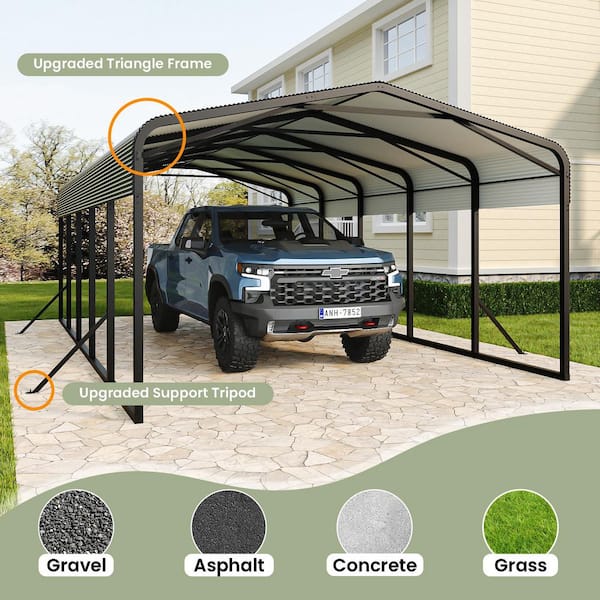 15 ft. wide x 25 ft. deep x 15 ft. high, black-roofed steel Carport