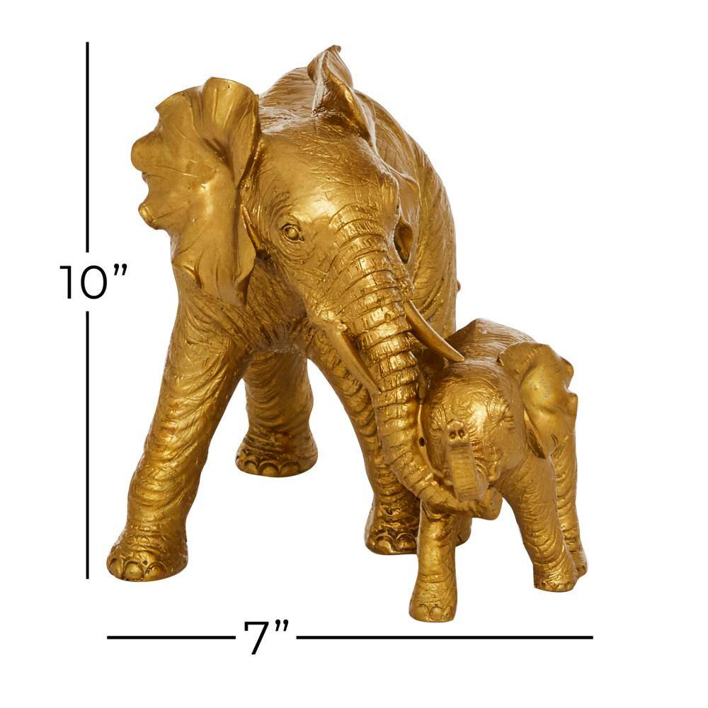 Gold Resin Elephant Figurine with Baby, 6" x 10" x 7"