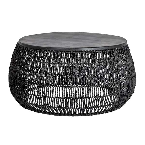 Storied Home 34 in. Matte Black Round Seagrass and Pine Wood Coffee Table