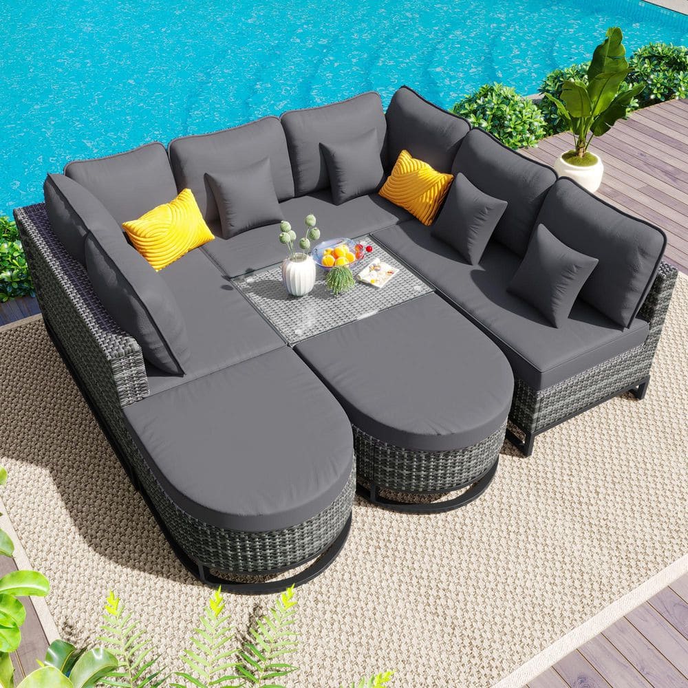 Gray Wicker Outdoor Sectional Set with Gray Cushions, 2 Coffee Table and Pillows