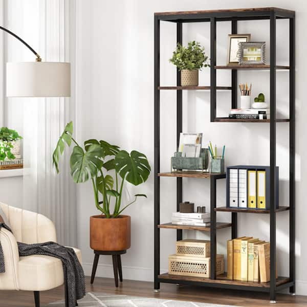 Eulas 31.4 in. Wide Wood Finish 6 Shelf Etagere Bookshelf, 70.9 inch Tall Bookcase with Open Black