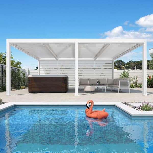 12 ft. x 20 ft. White Aluminum Frame Louvered Pergola with Adjustable Sunshade Roofs and 1-Long Side Roller Shades