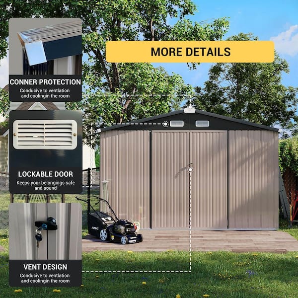 SUNMTHINK 10 ft. W x 8 ft. D Brown Outdoor Metal Storage Shed with