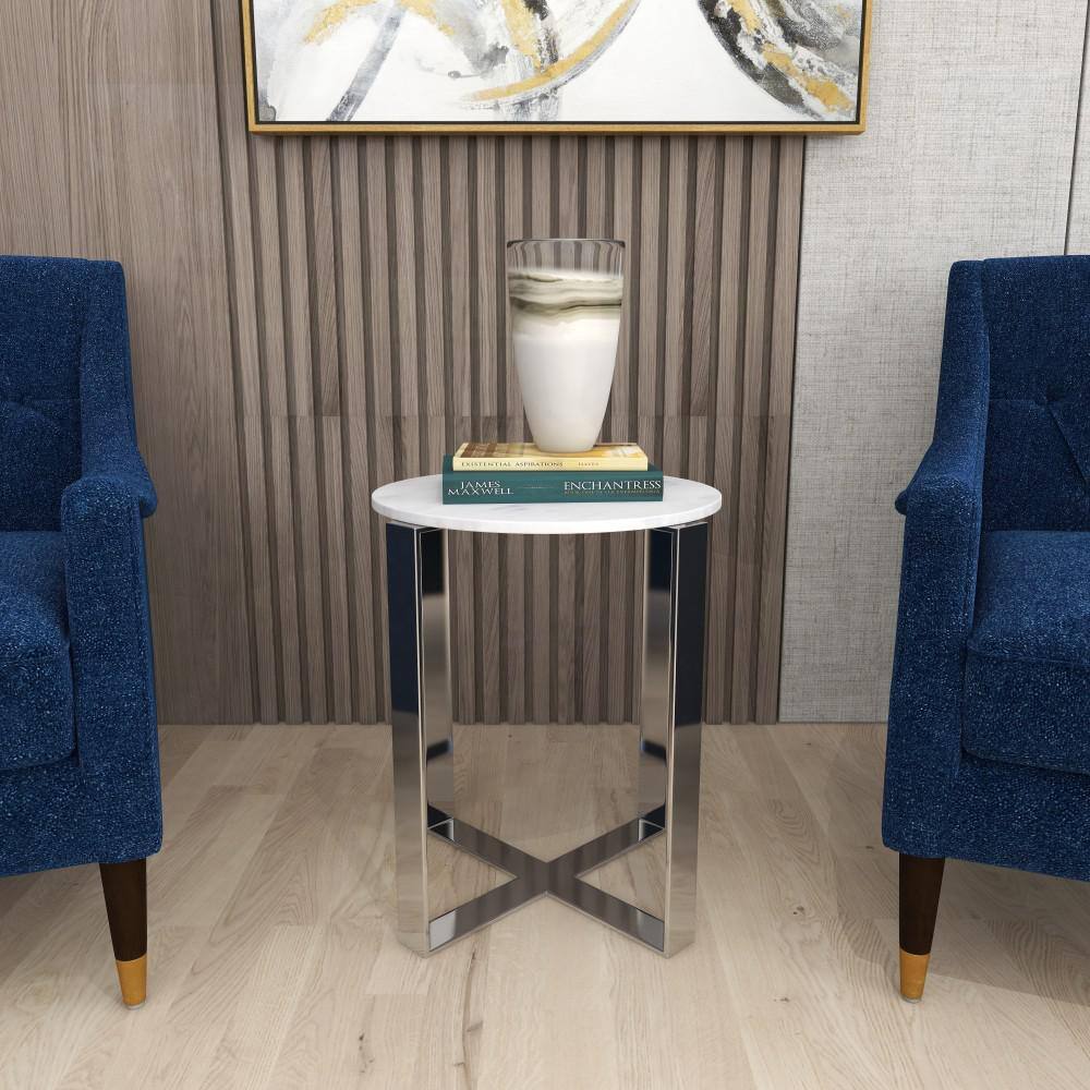White Marble and Stainless Steel Round Accent Table
