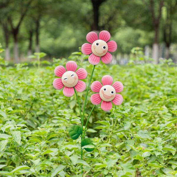 Glitzhome 36 in. H Garden Metal Triple Happy Face Flower Yardstake