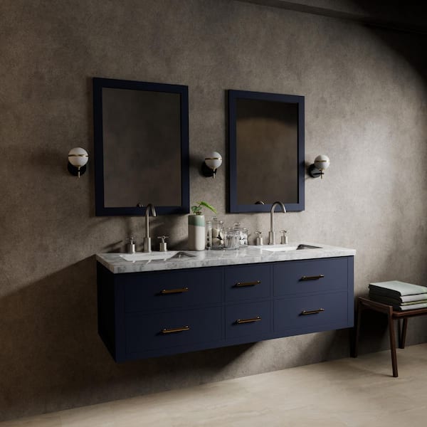 Sherman 60 in W x 22 in D Blue Double Bath Vanity, Carrara Marble Top, and 28 in Mirrors