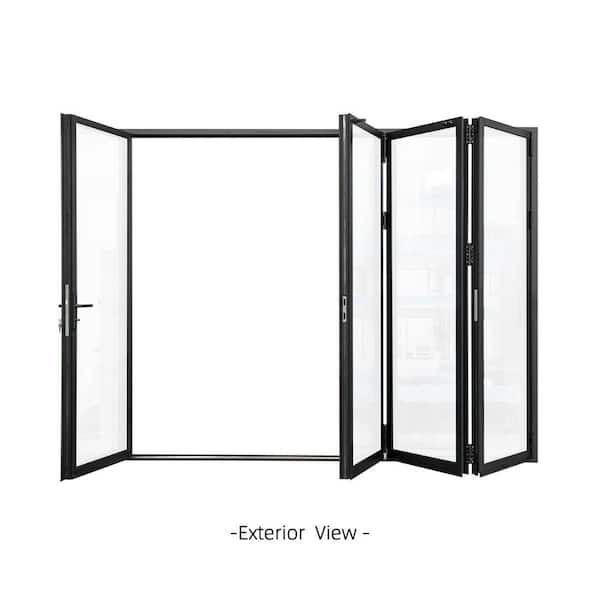 144 in. x 96 in. Black Aluminum Out-Swing Folding Patio Door 1 Left 3 Right Panels Double Tempered Glass with Lockset