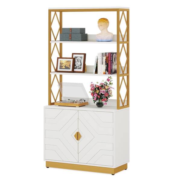 BYBLIGHT Eulas 70.9 in. Tall White, Gold Wood Etagere 3-Shelf Standard Bookcase 2-Cabinets 15.7 in. D x 31.5 in. W x 70.9 in.H