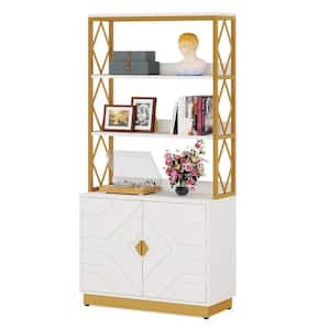 Eulas 70.9 in. Tall White and Gold Wood Etagere 3-Shelf Standard Bookcase 2-Cabinets 15.7"D x 31.5"W x 70.9"H