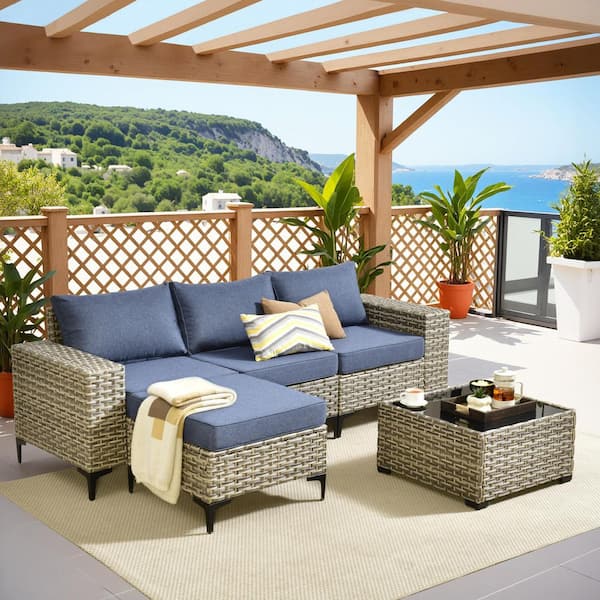 5-Piece Gray Wicker Outdoor Sectional Set Patio Conversation Seating Sofa Set with Denim Blue Cushion for Backyard
