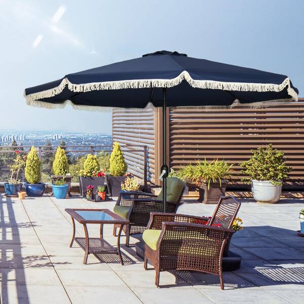 drape patio umbrella ToolCat 9 ft. Steel Drape Market Patio Umbrella with Crank Lift and Fringed  Ruffles in Dark Blue (Without base) HD6-UM-17