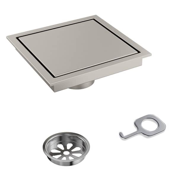 6 in. Square Shower Drain Stainless Steel with Hair Strainer, Fast Drainage in Brushed Nickel