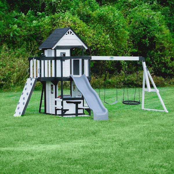 Canyon Creek White Outdoor Kid's Playground Set w/ Rock Wall, Wave Slide, Web Swing, and PlaySet Kitchen