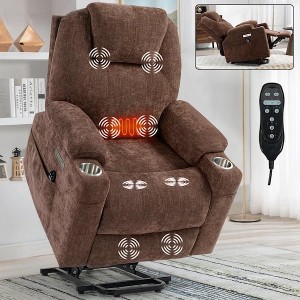 Clihome Brown Chenille Power Lift Recliner Chair with 8-Point Massage, Heat, USB/Type-C, Cup Holders, 350 lbs. Capacity