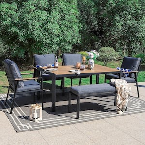 Black 6-Piece Aluminum Patio Outdoor Dining Set with Bench and Dark Grey Cushions