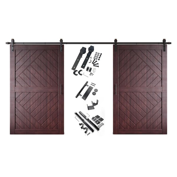 HT 50 in. x 84 in. C-Panel Red Mahogany Geometric Design Double Pine Wood Sliding Barn Door with Hardware Kit