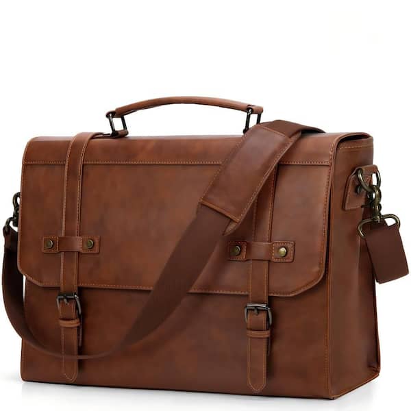 Vintage Brown PU Leather Messenger Bag, Waterproof, Multi-Pocket, Laptop Briefcase with 17 in. Laptop Compartment