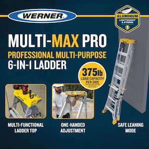 18ft Reach Aluminum 6-in-1 Multi-Max Pro Multi-Position Ladder, 375lbs. Load Capacity Type IAA Duty Rating