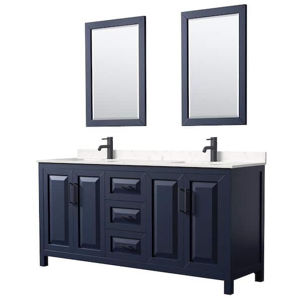 Wyndham Collection Daria 72 in. W x 22 in. D x 35.75 in. H Double Bath Vanity in Dark Blue with Carrara Cultured Marble Top, 24 in. Mirrors