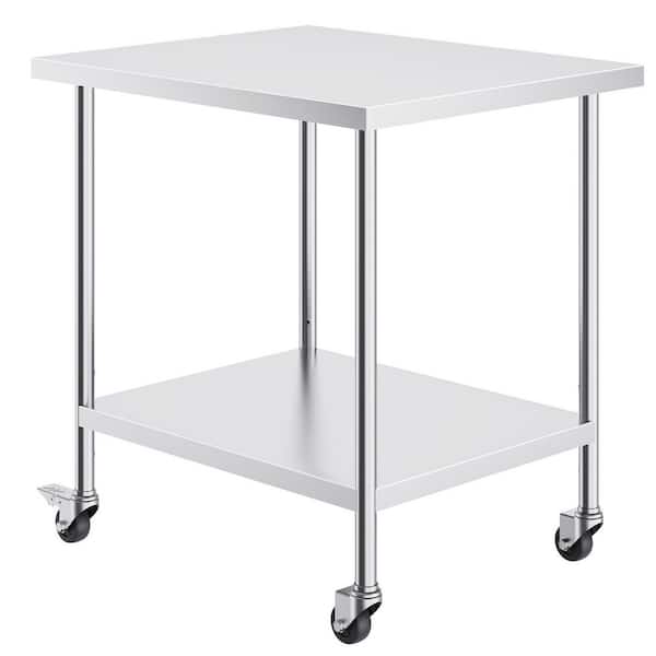 SKYSHALO Stainless Steel Work Table 30 x 36 x 38 In. Silver Kitchen Prep Tablewith 4 Wheels, 3 Adjustable Height Levels