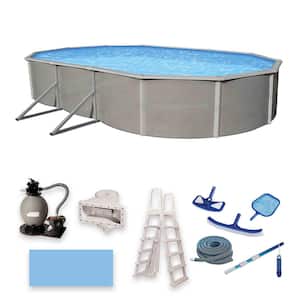 Belize 12 ft. x 24 ft. Oval x 52 in. Deep Metal Wall Above Ground Pool Package with 6 in. Top Rail