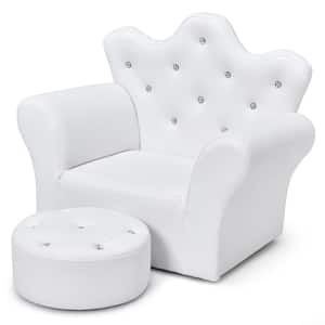 White Faux Leather Upholstery Princess Kids Arm Chair Kids Sofa w/Ottoman