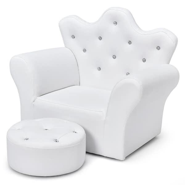 Costway White Faux Leather Upholstery Princess Kids Arm Chair Kids Sofa w/Ottoman