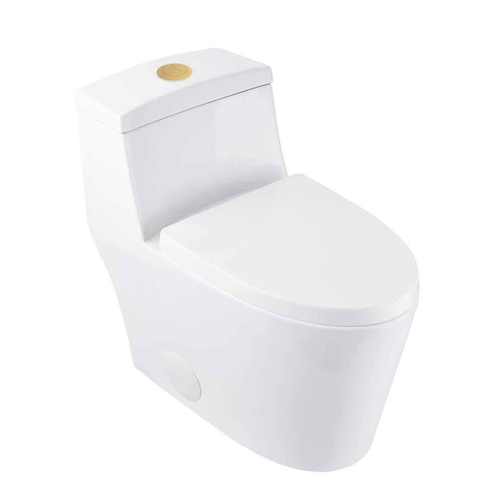 White and Gold Dual-Flush Elongated One-Piece Toilet