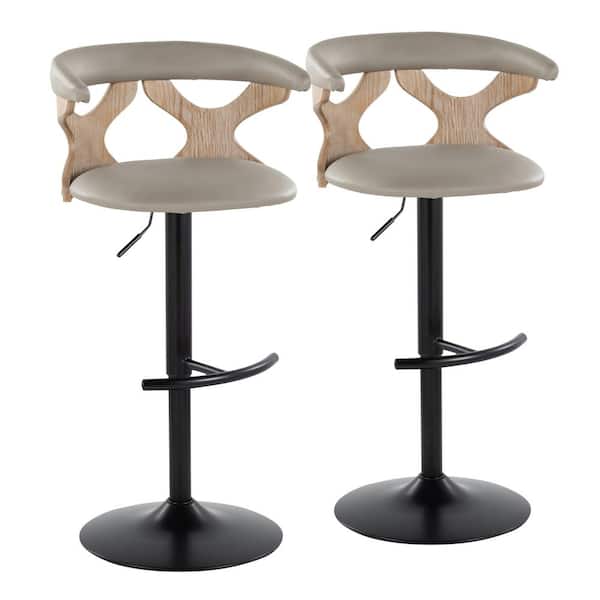 Lumisource Gardenia 32.5 in. Light Grey Faux Leather, White Washed Wood and Black Metal Adjustable Bar Stool (Set of 2)