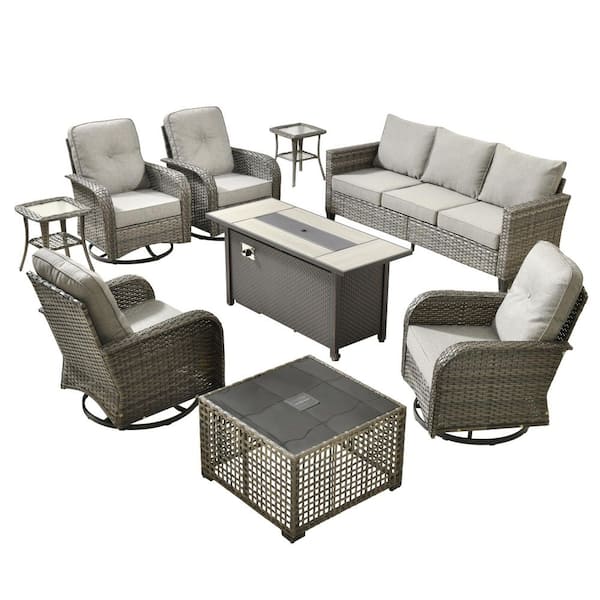 Scarlet 9-Piece Wicker Outdoor Patio Conversation Sofa Set with Swivel Chairs, a LED Table and Dark Grey Cushions