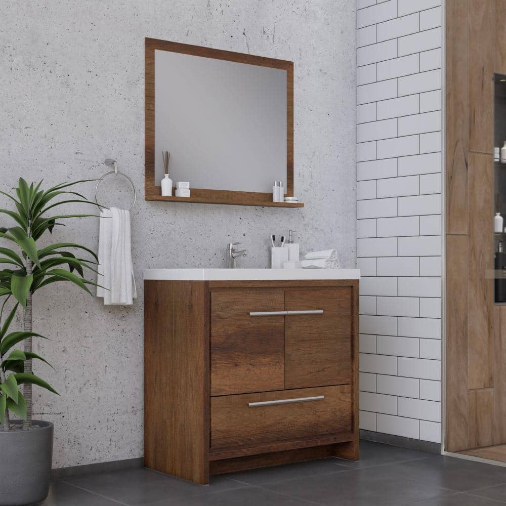 Rosewood Brown 36" Freestanding MDF Bathroom Vanity with White Acrylic Sink