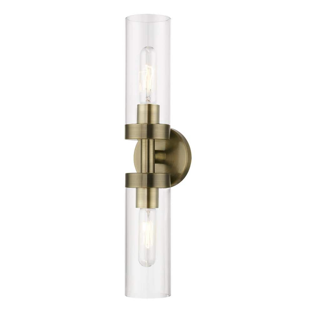 Antique Brass 2-Light Vanity Sconce with Clear Glass Shades