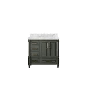 Hudson 36 in. W x 22 in. D x 36 in. H Right Offset Sink Bath Vanity in Pewter Green with 2 in. Carrara Marble Top