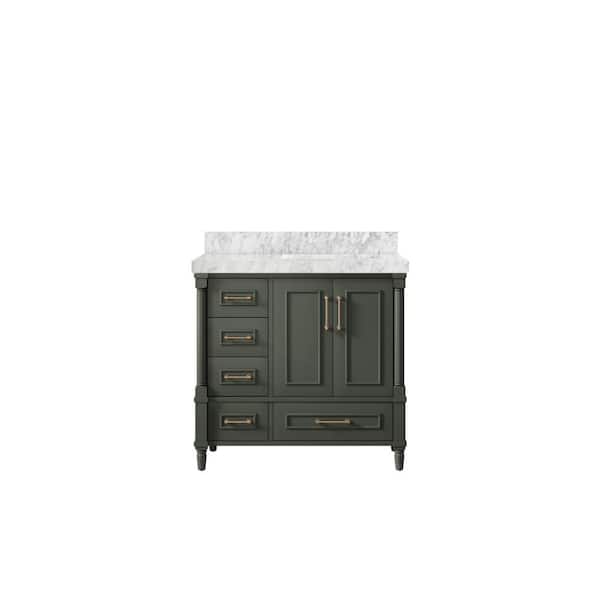 Willow Collections Hudson 36 in. W x 22 in. D x 36 in. H Right Offset Sink Bath Vanity in Pewter Green with 2 in. Carrara Marble Top