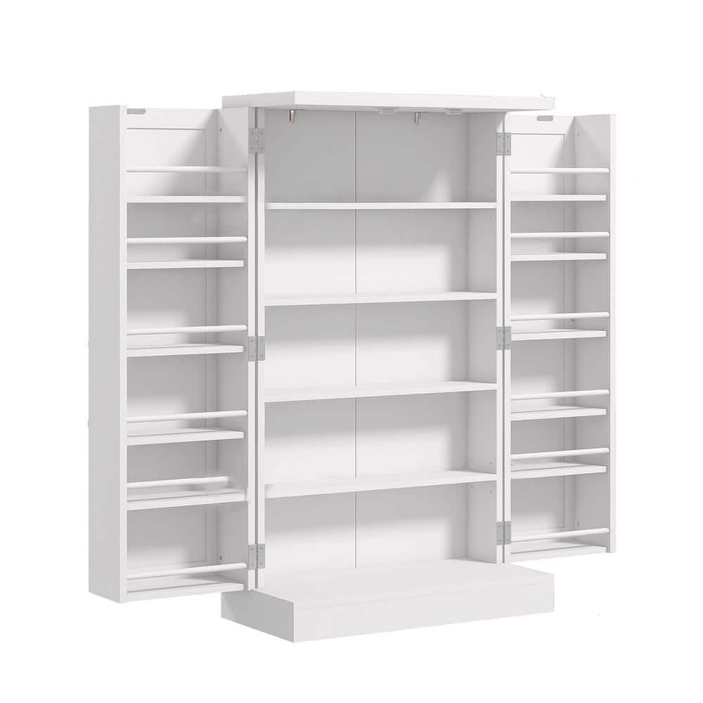 5-Shelf White Wood Pantry Organizer with 12-Tire Rack and Adjustable Shelve