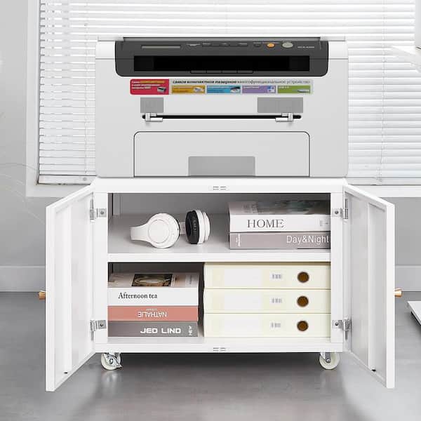 Kahomvis White 17.7 in. H Office Storage Cabinet, Metal Mobile Printer Stand