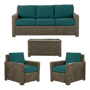 Laguna Point 4-Piece Brown Wicker Outdoor Patio Deep Seating Set with CushionGuard Malachite Green Cushions