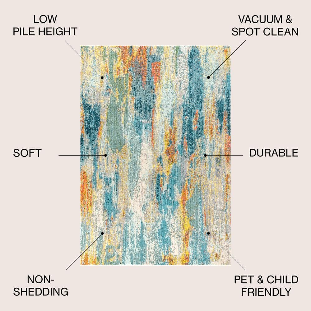 Blue Cream Yellow Abstract Rectangular Synthetic Area Rug