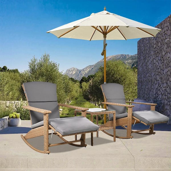 Cesicia 3-Piece Natural Wicker Outdoor Rocking Chair with Coffee Table Grey Cushions 2-Pack