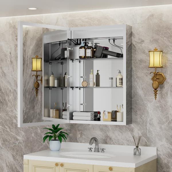 HBEZON Rina 24 in. W x 36 in. H Rectangular Aluminum Surface/Recessed Medicine Cabinet with Mirror and Light for Bathroom