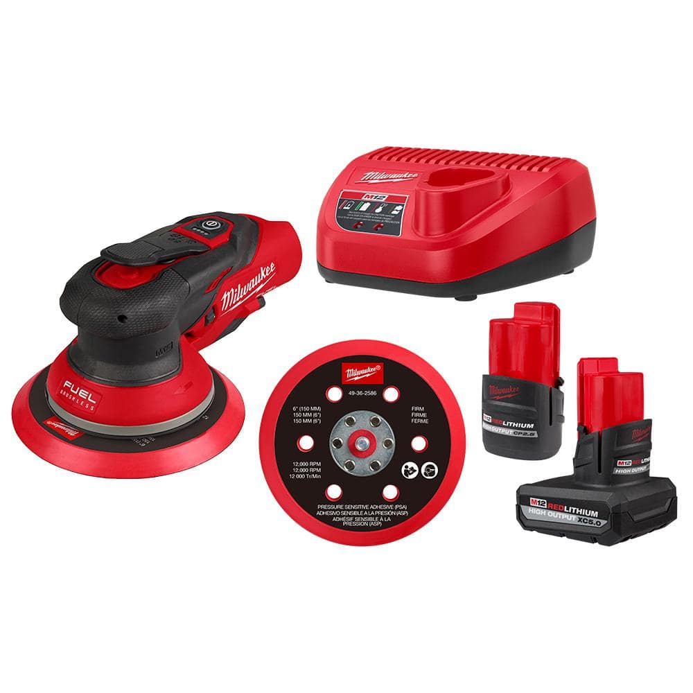 Milwaukee M12 FUEL 12-Volt Li-Ion Brushless Cordless 6 in. Random Orbital Sander Kit (3/16 in) w M12 XC 5.0Ah &amp; CP 2.5Ah Batteries