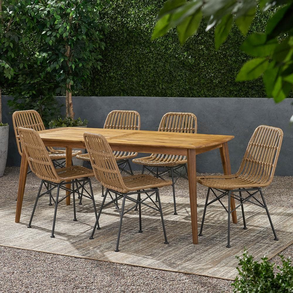 Sawtelle Teak Brown 7-Piece Wood Rectangular Patio Outdoor Dining Set