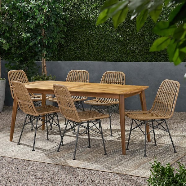 Noble House Sawtelle Teak Brown 7-Piece Wood Rectangular Patio Outdoor Dining Set