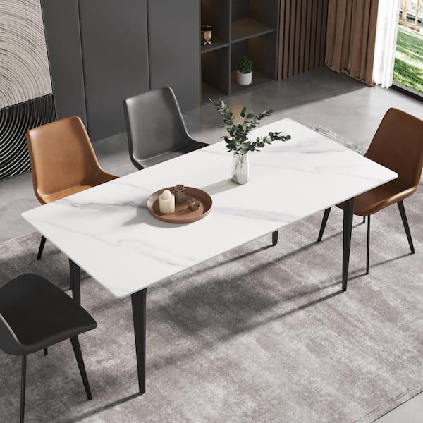 Magic Home 70.87 in. Rectangle White Luxury Sintered Stone Top Black Metal 4 Legs Dining Table (Seats 6)