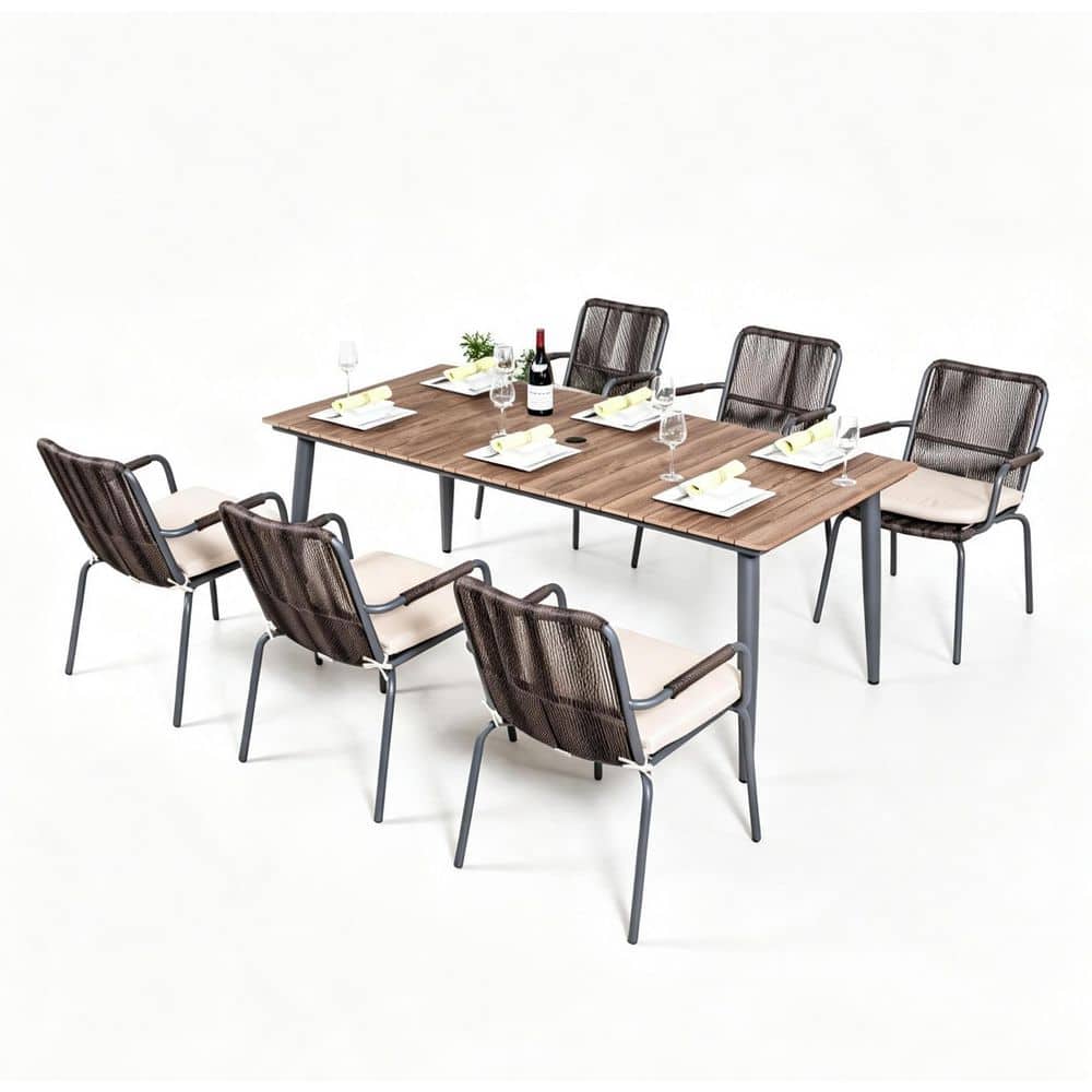 7-Piece Metal Rectangular Outdoor Dining Set with Cushions