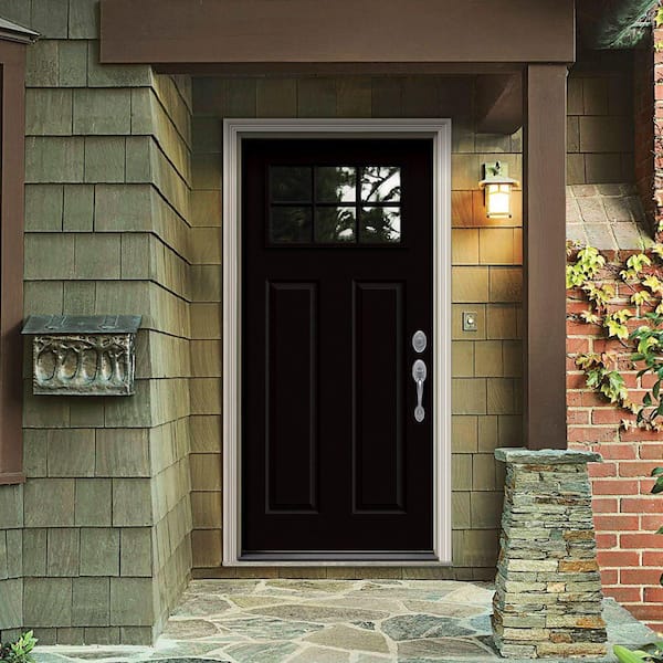 32 in. x 80 in. 6 Lite Craftsman Black Painted Steel Prehung Left-Hand Inswing Front Door with Brickmould